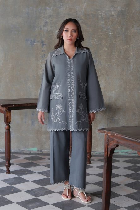 Neutral Edit by Sahar RTW Embroidered Cambric 2 Piece Suit Misty Haze Casual Collection